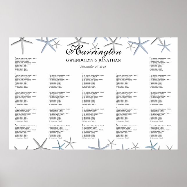 Póster Starfish Borders Beach Wedding Chart (Frente)