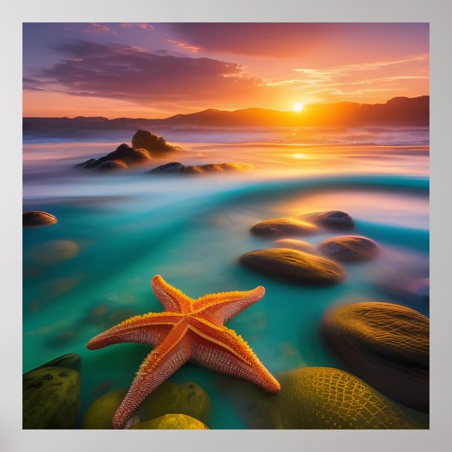 Póster Starfish en la playa en Dawn (Frente)
