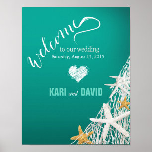 Póster Starfish Netting Beach Wedding Welcome Sign aqua