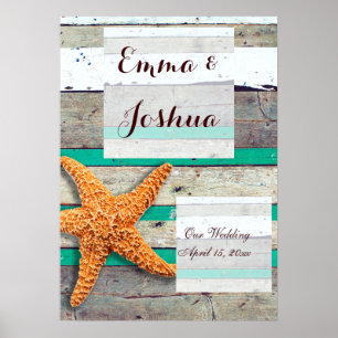 Póster Starfish Rustic Beach Board Nautical