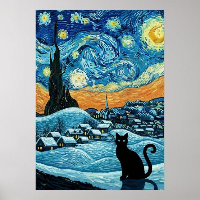 Póster Starry Night Cat Van Gogh Inspired Starry Sky (Frente)