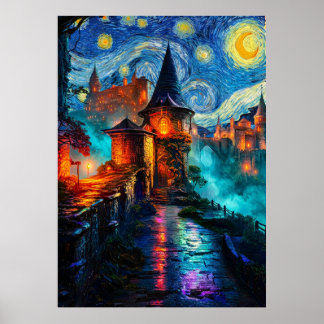 Póster Starry Night Fantasy Castle Magical Oil Painting