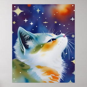 Póster Starry Night Kitty Watercolor