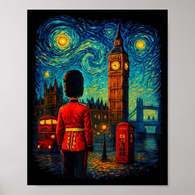 Póster Starry Night London Red Telephone Box Queen's Guar (Frente)