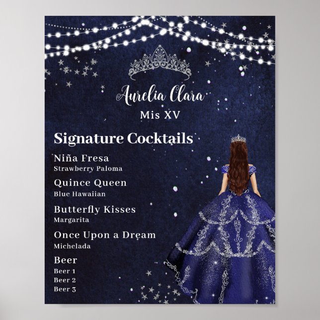 Póster Starry Night Navy Blue Quinceanera Bar Bebe Menú (Frente)