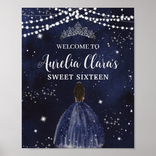 Póster Starry Night Navy Blue Silver Sweet 16 Brown Girl (Frente)