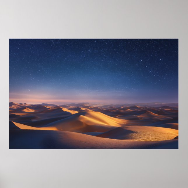 Póster Starry Night Over Golden Desert Dunes Landscape (Frente)