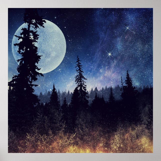Póster Starry Sky y Moon encima de un bosque (Frente)