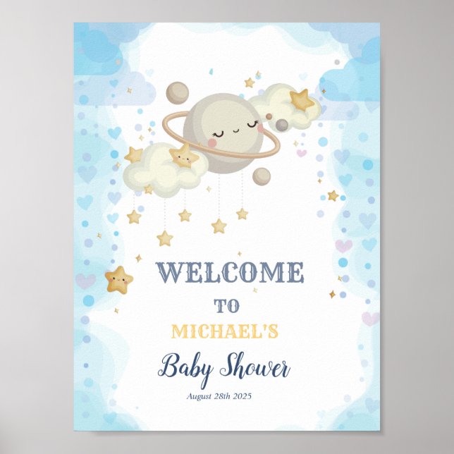 Póster Stars Planet Clouds Blue Baby Shower (Frente)