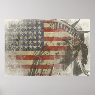 Póster Statue of Liberty on Vintage American Flag