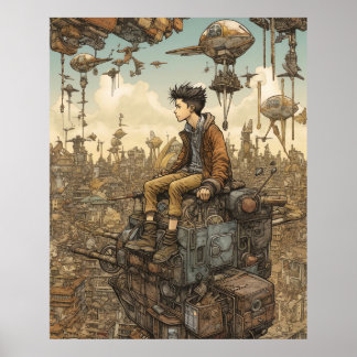 Póster Steampunk Adolescente en la cima de la ciudad