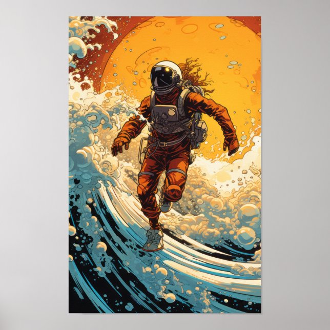 Póster Steampunk Astronaut Surfing in Sci-Fi Surrealism P (Frente)