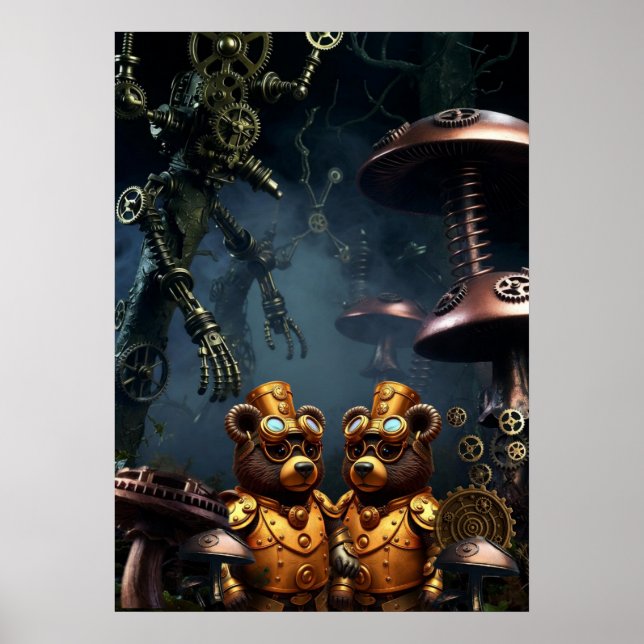 Póster Steampunk Bears in Clockwork Forest Fantasy Art (Frente)