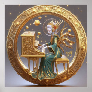 Póster Steampunk Beautiful Space Alien jugando al piano