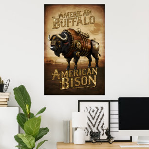 Póster Steampunk Bison en la pradera