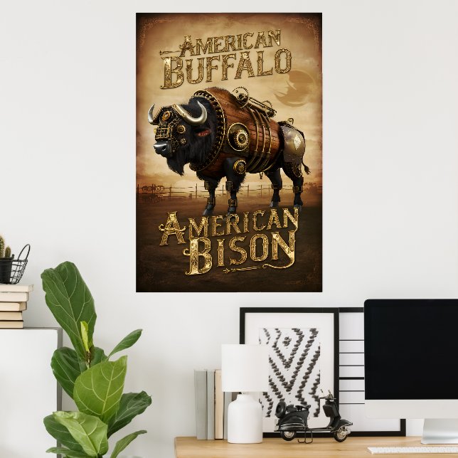 Póster Steampunk Bison en la pradera (Oficina en casa)