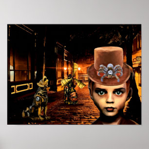 Póster Steampunk Boy Y Robot Dog Original Fantasía Scifi