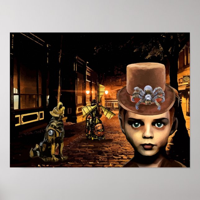 Póster Steampunk Boy Y Robot Dog Original Fantasía Scifi (Frente)