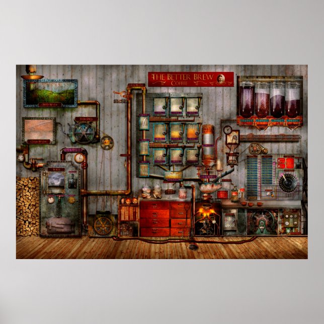 Póster Steampunk - Café - La cafetera de la empresa (Frente)