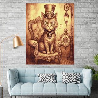 Póster Steampunk Cat Victorian Clockwork Fantasy Vintage