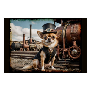 Póster Steampunk Chihuahua y el tren