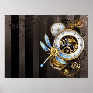 Póster Steampunk Clock with Mechanical Dragonfly