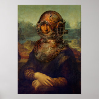 Póster Steampunk da Vinci Mona Lisa Divers Helmet Pop Art