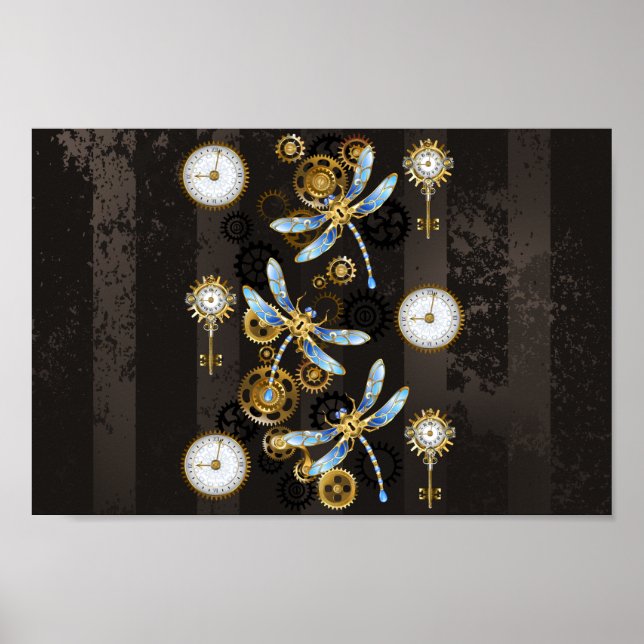 Póster Steampunk Dragonflies on brown striped background (Frente)