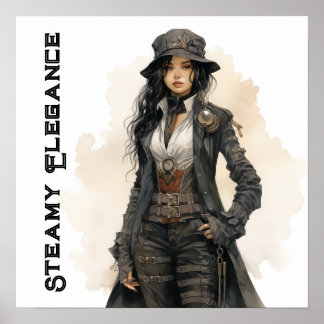 Póster Steampunk Elegance Joven Mujer Vintage