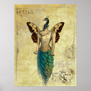 Póster Steampunk Fantasy Peacock Gold