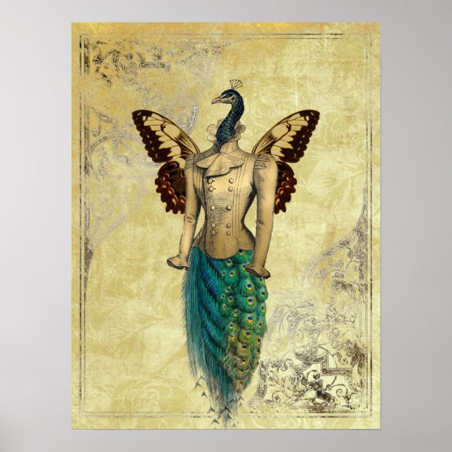 Póster Steampunk Fantasy Peacock Gold (Frente)