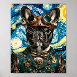 Póster Steampunk Frenchie en la noche estrellada