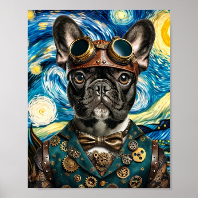 Póster Steampunk Frenchie en la noche estrellada (Frente)