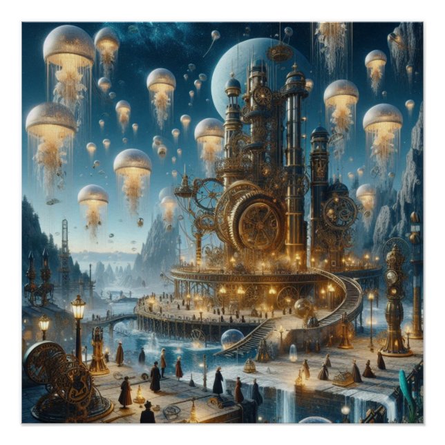 Póster Steampunk Futurista ciudad antigua con medusas (Anverso)