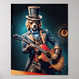Póster Steampunk Golden Retriever tocando guitarra