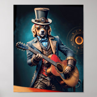 Póster Steampunk Golden Retriever tocando guitarra