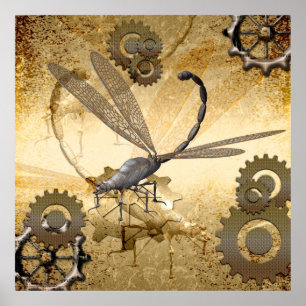 Póster Steampunk, increíbles libélulas de vapor