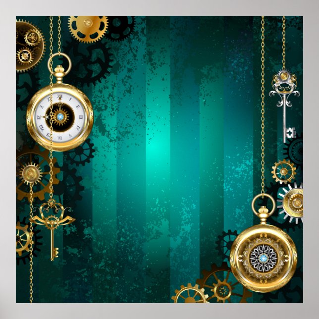 Póster Steampunk Jewelry Watch on a Green Background (Frente)
