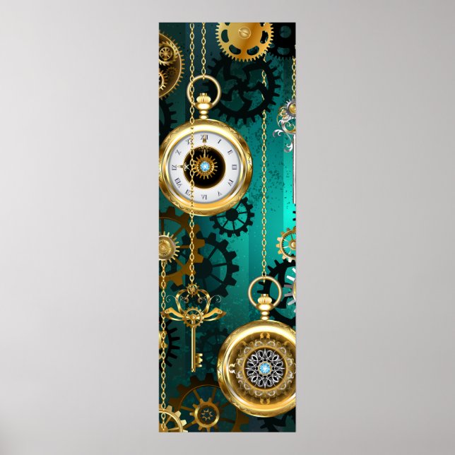 Póster Steampunk Jewelry Watch on a Green Background (Frente)