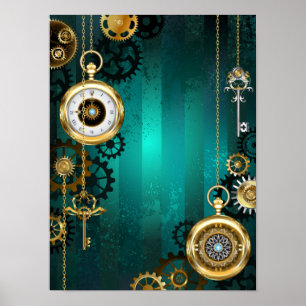 Póster Steampunk Jewelry Watch sobre un fondo verde