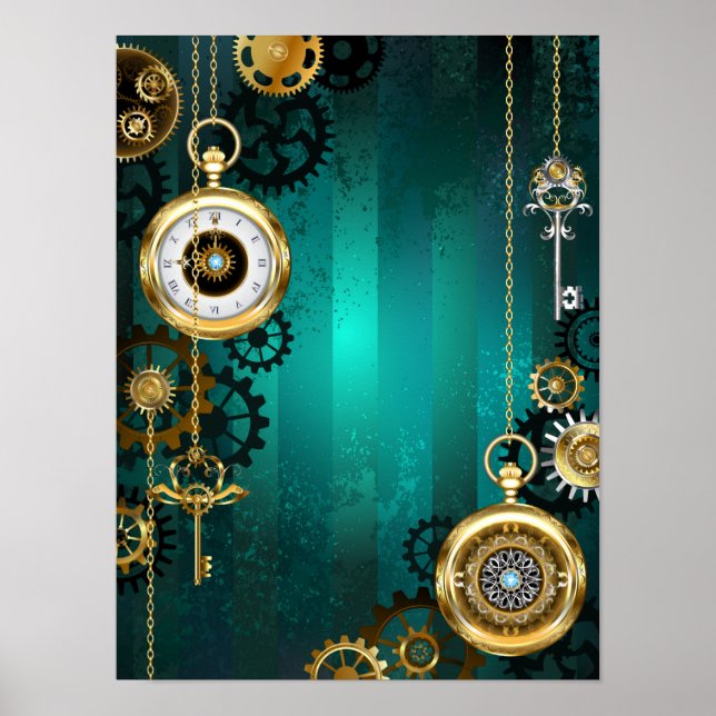 Póster Steampunk Jewelry Watch sobre un fondo verde (Frente)