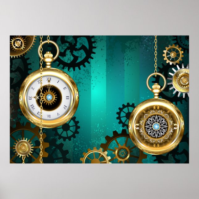 Póster Steampunk Jewelry Watch sobre un fondo verde (Frente)