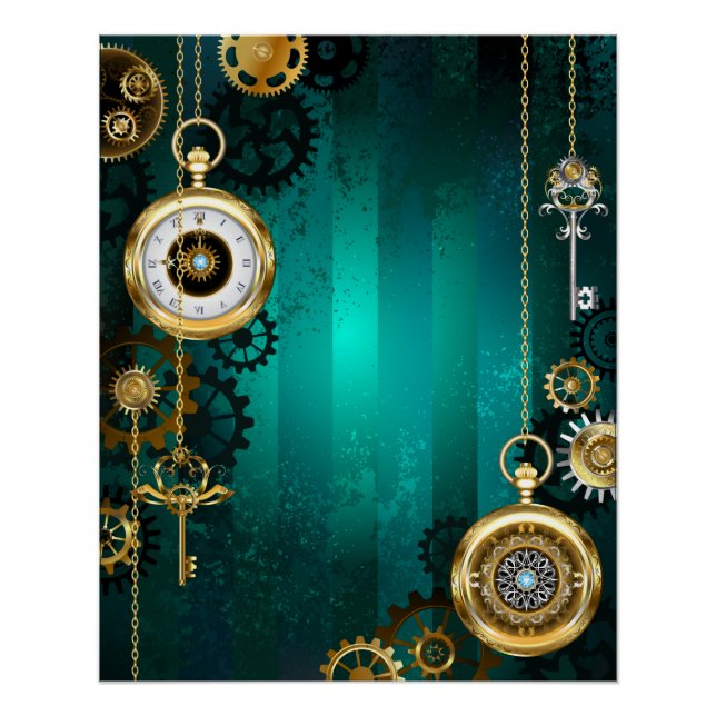Póster Steampunk Jewelry Watch sobre un fondo verde (Anverso)