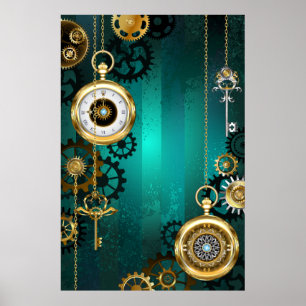 Póster Steampunk Jewelry Watch sobre un fondo verde