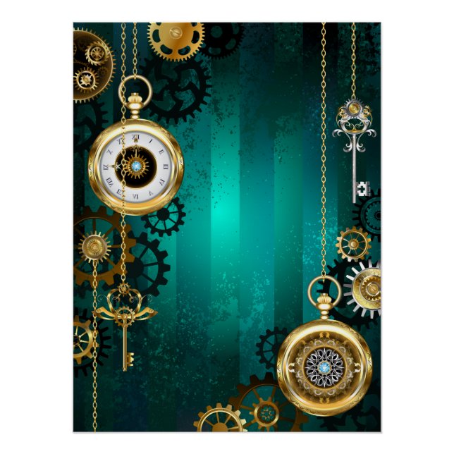 Póster Steampunk Jewelry Watch sobre un fondo verde (Anverso)