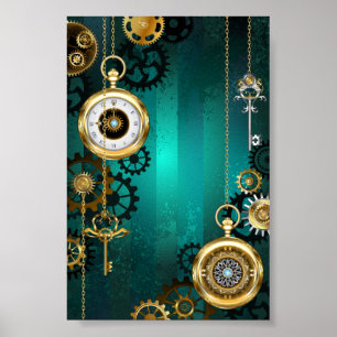 Póster Steampunk Jewelry Watch sobre un fondo verde