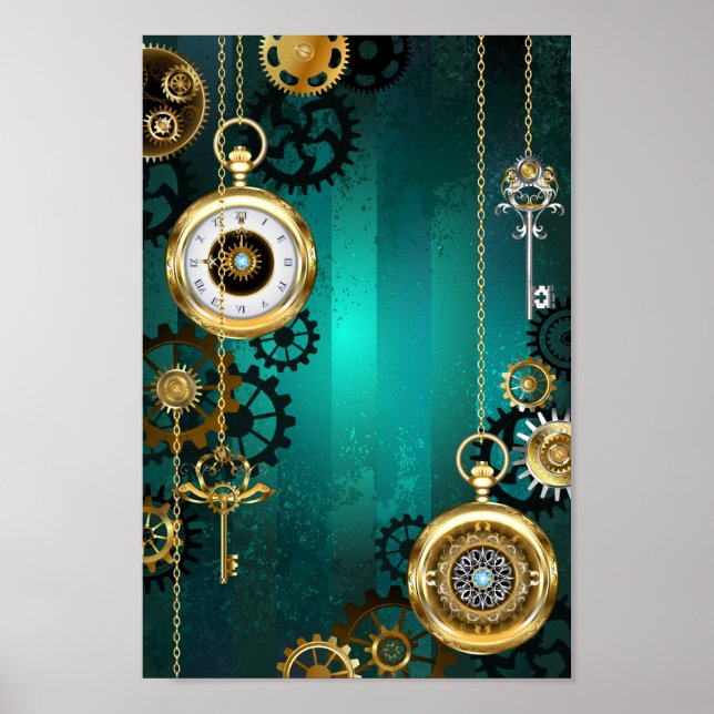 Póster Steampunk Jewelry Watch sobre un fondo verde (Frente)