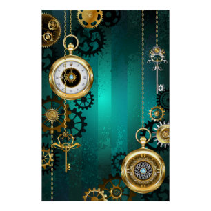 Póster Steampunk Jewelry Watch sobre un fondo verde