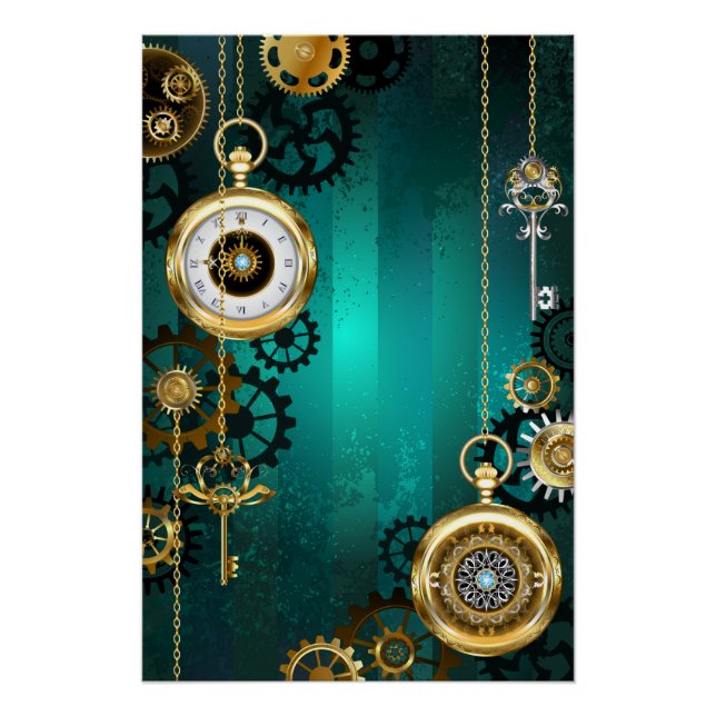 Póster Steampunk Jewelry Watch sobre un fondo verde (Anverso)