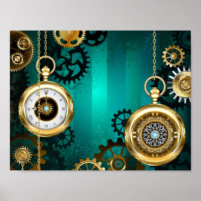 Póster Steampunk Jewelry Watch sobre un fondo verde (Frente)